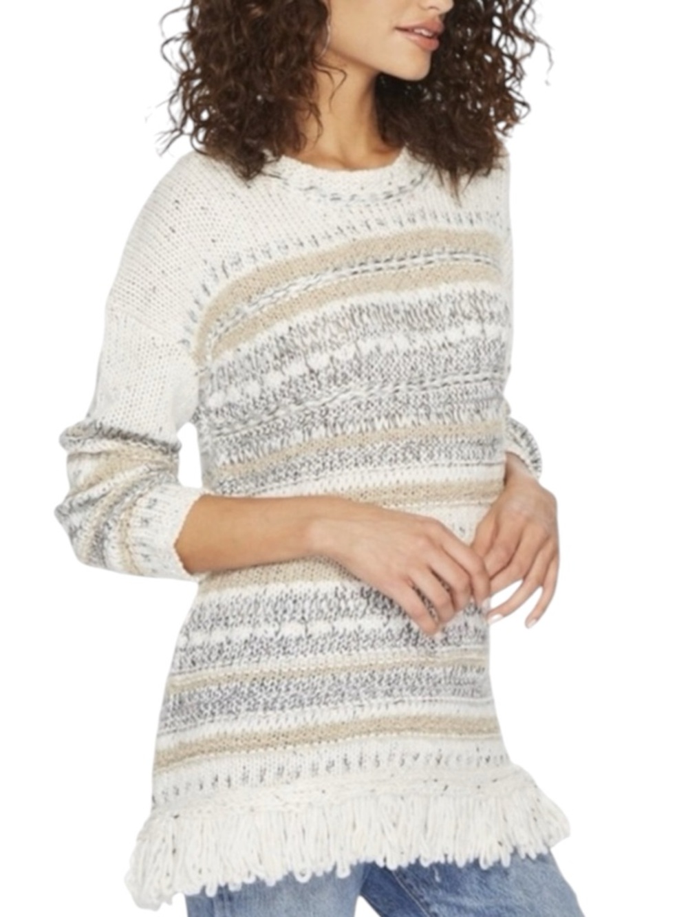 JACK BB DAKOTA Joannie Sweater w/ Fringe Hem in Cream / Gray / Tan Size Small